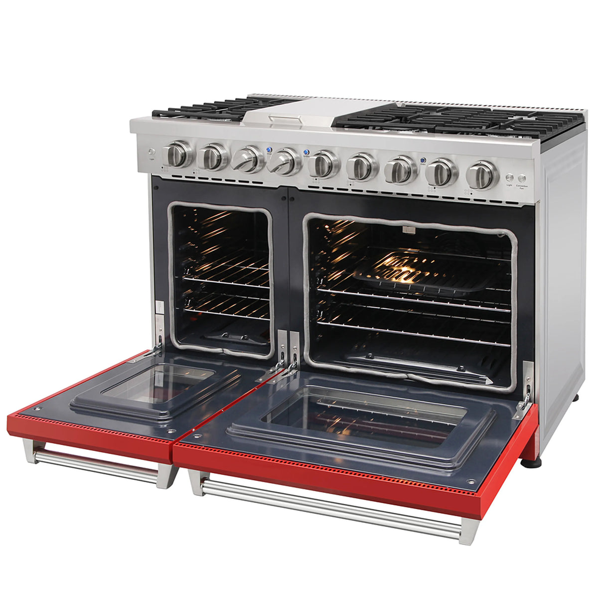 Gas range with open oven doors and glass windows over a red-and-stainless base