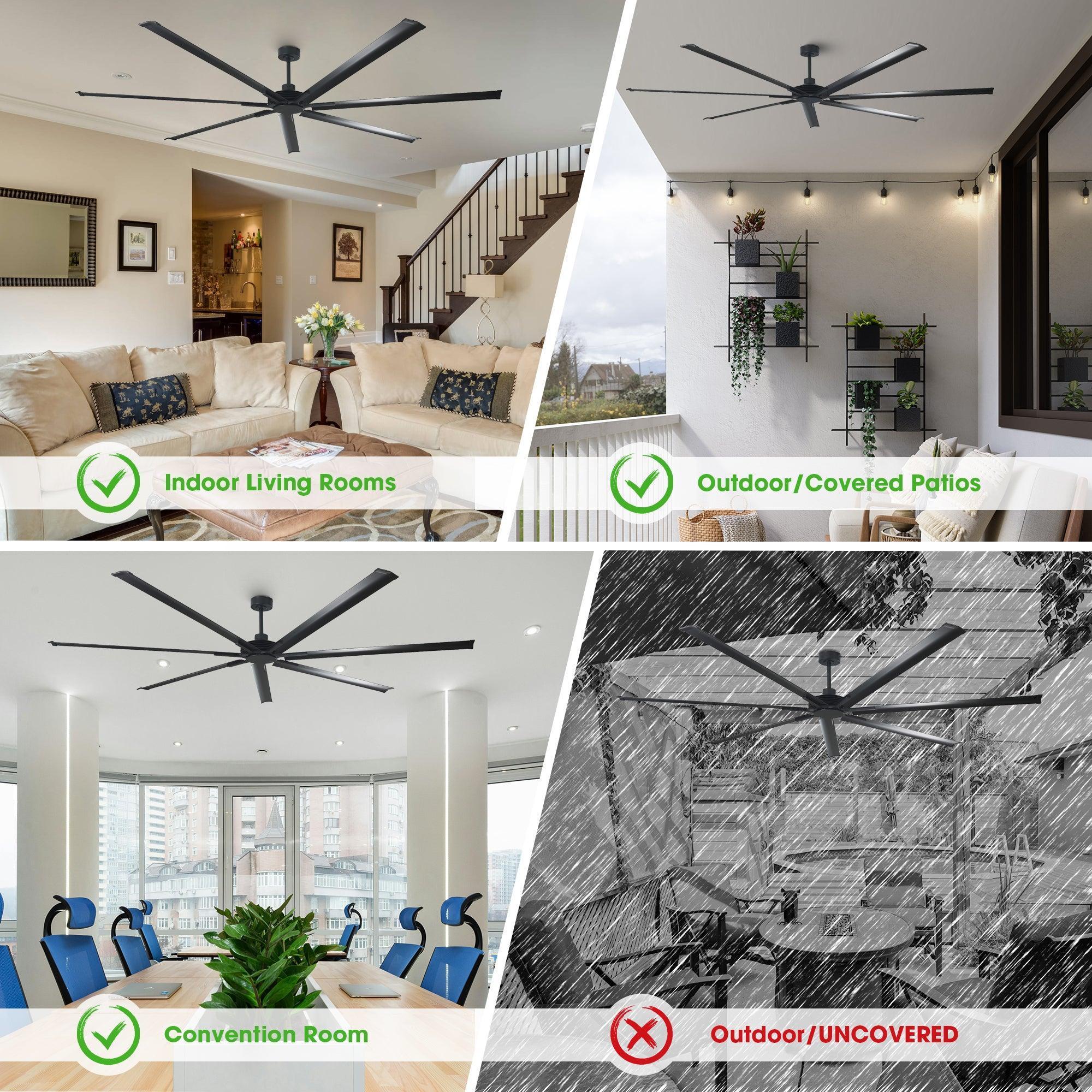 Parrot Uncle ceiling fan with 8 black blades shown in indoor and covered areas