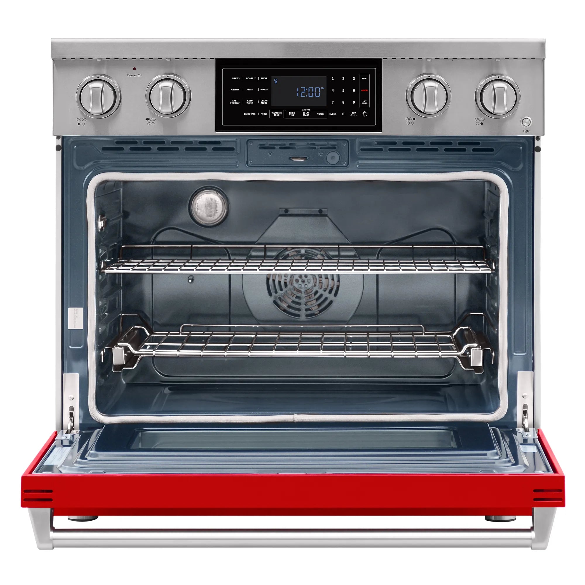 Electric range oven cavity with racks and fan, shown with oven door open