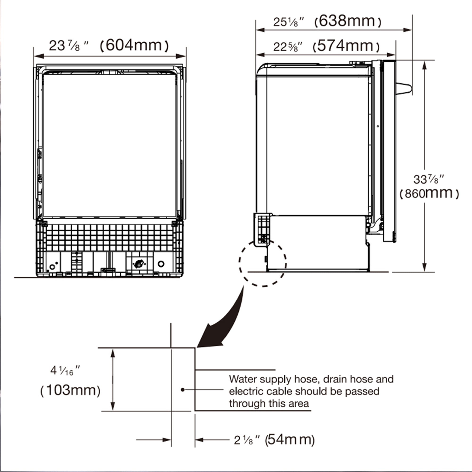 Dishwasher dimension diagram with width, height, and installation notes