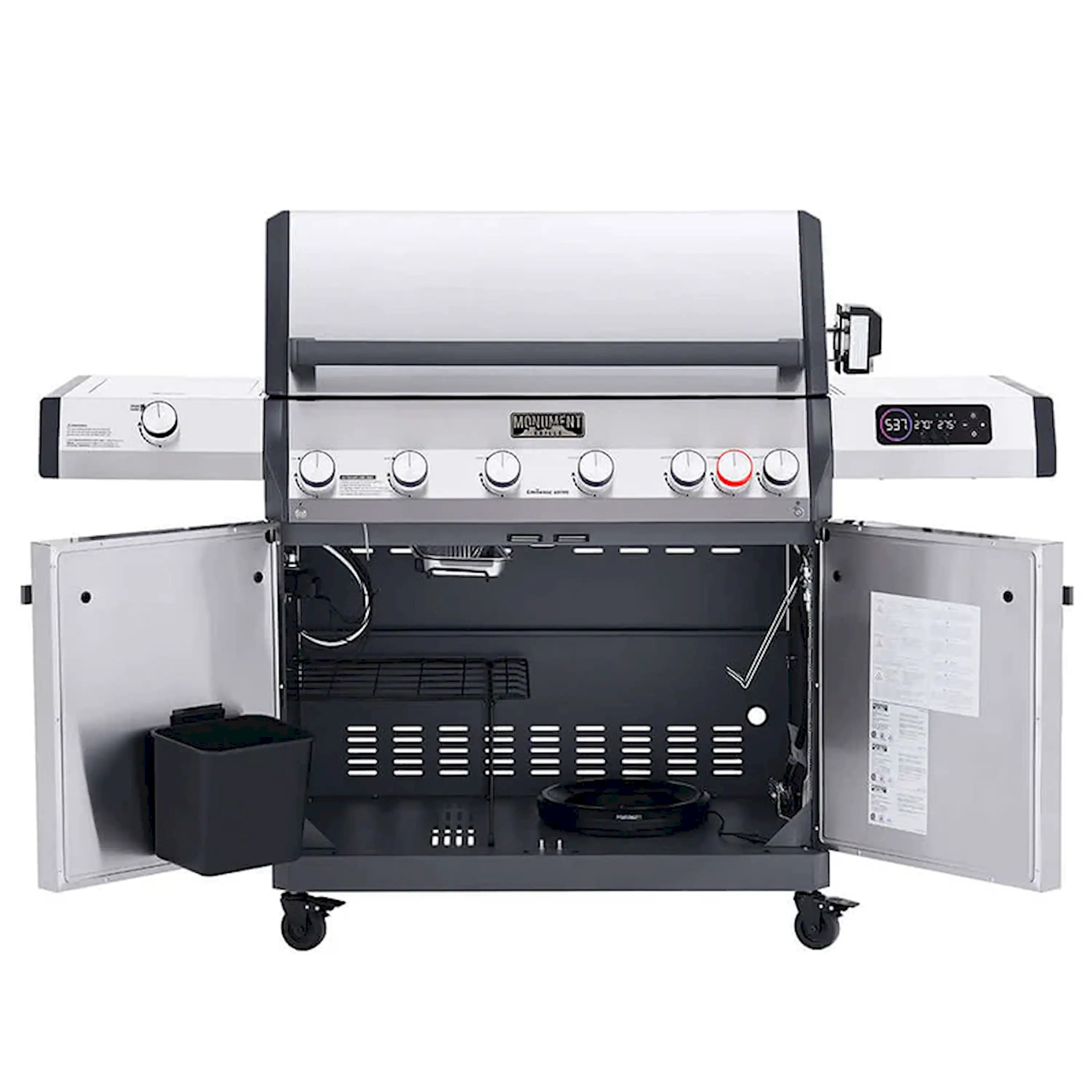 Stainless steel gas grill with lid open, side shelves, and interior burners visible
