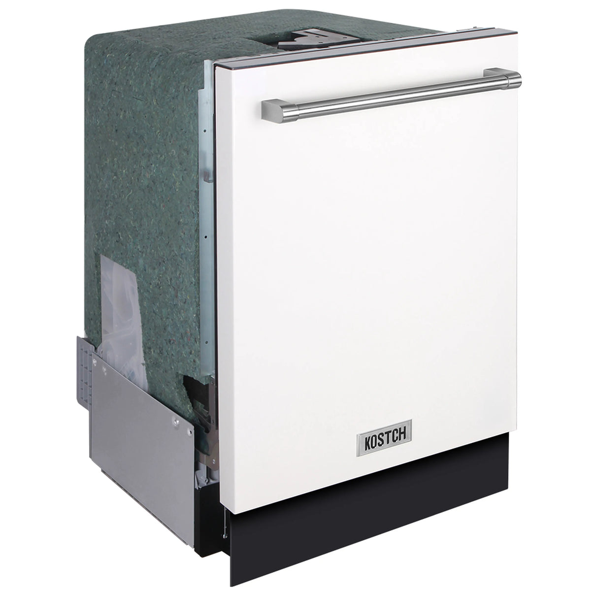 White built-in top control dishwasher with closed door and front handle