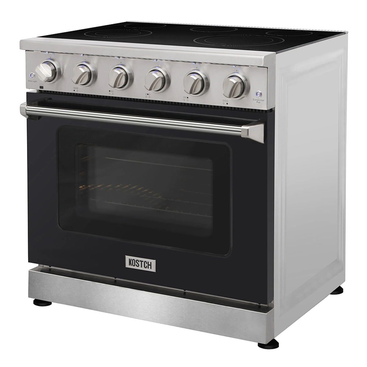 Kostch black electric range with glass cooktop, oven window, and control knobs