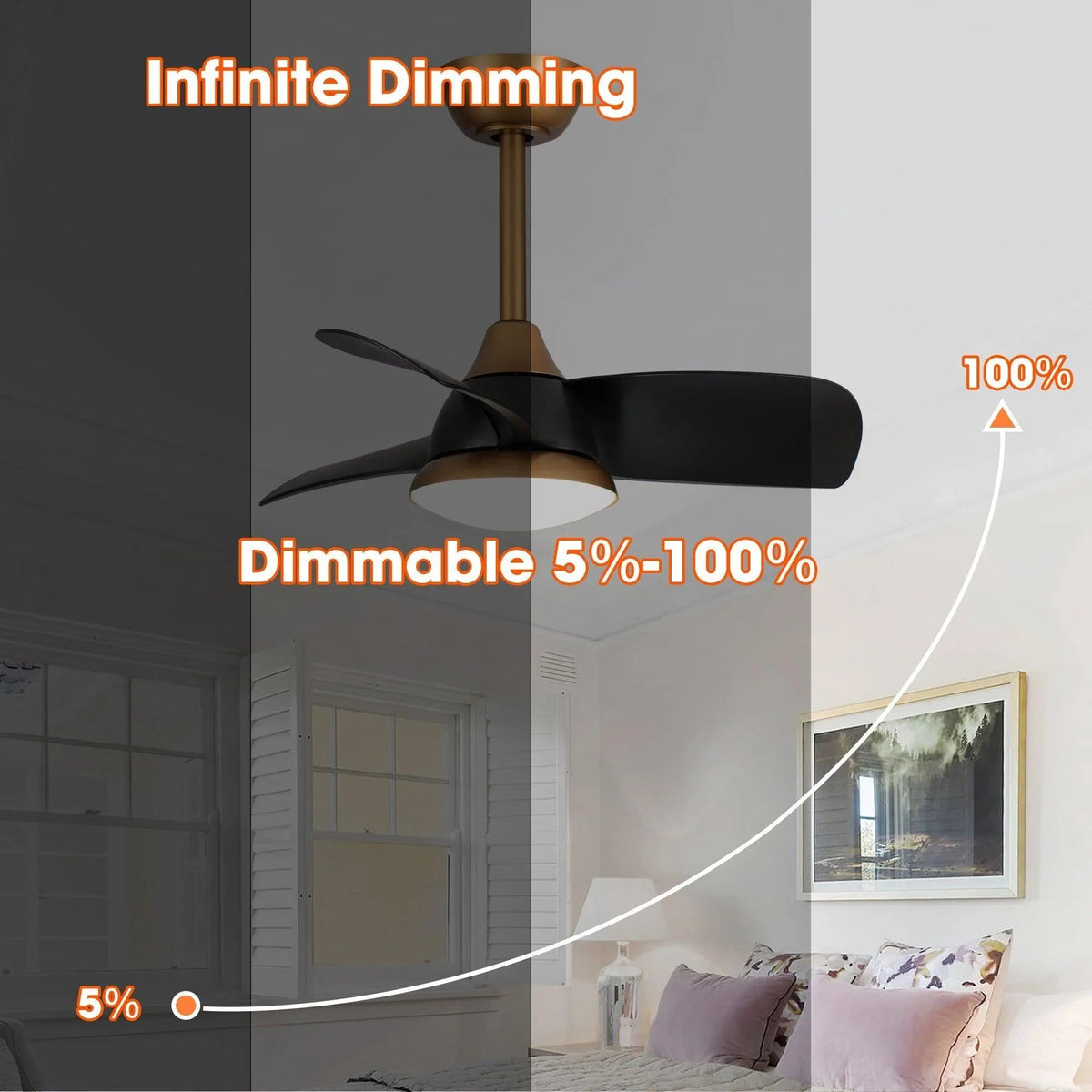 Ceiling fan with black blades and dimmable LED light on a gold downrod