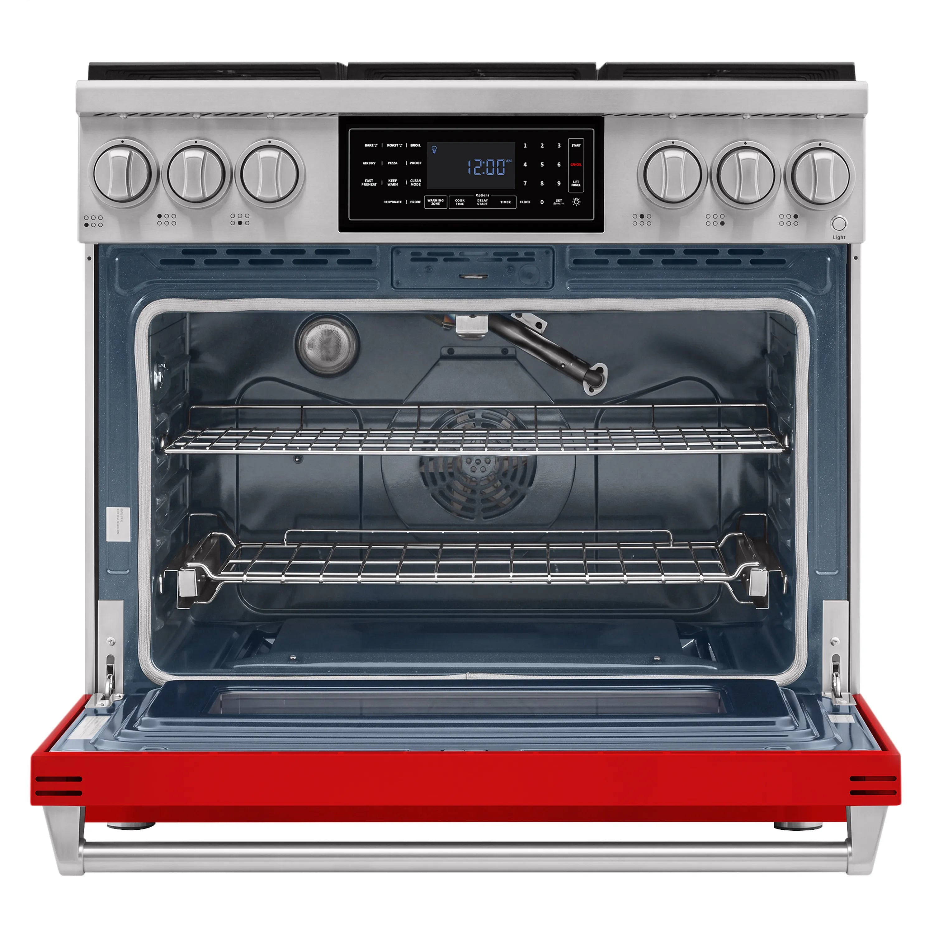Open convection oven with wire racks inside and red range front panel