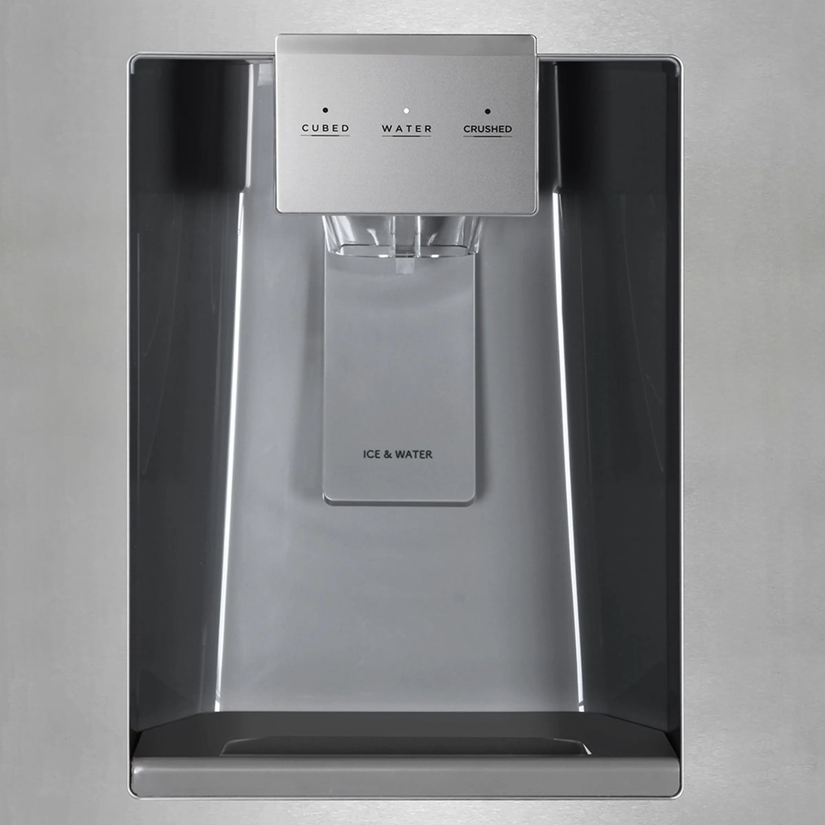 Stainless steel in-door ice and water dispenser with labeled options