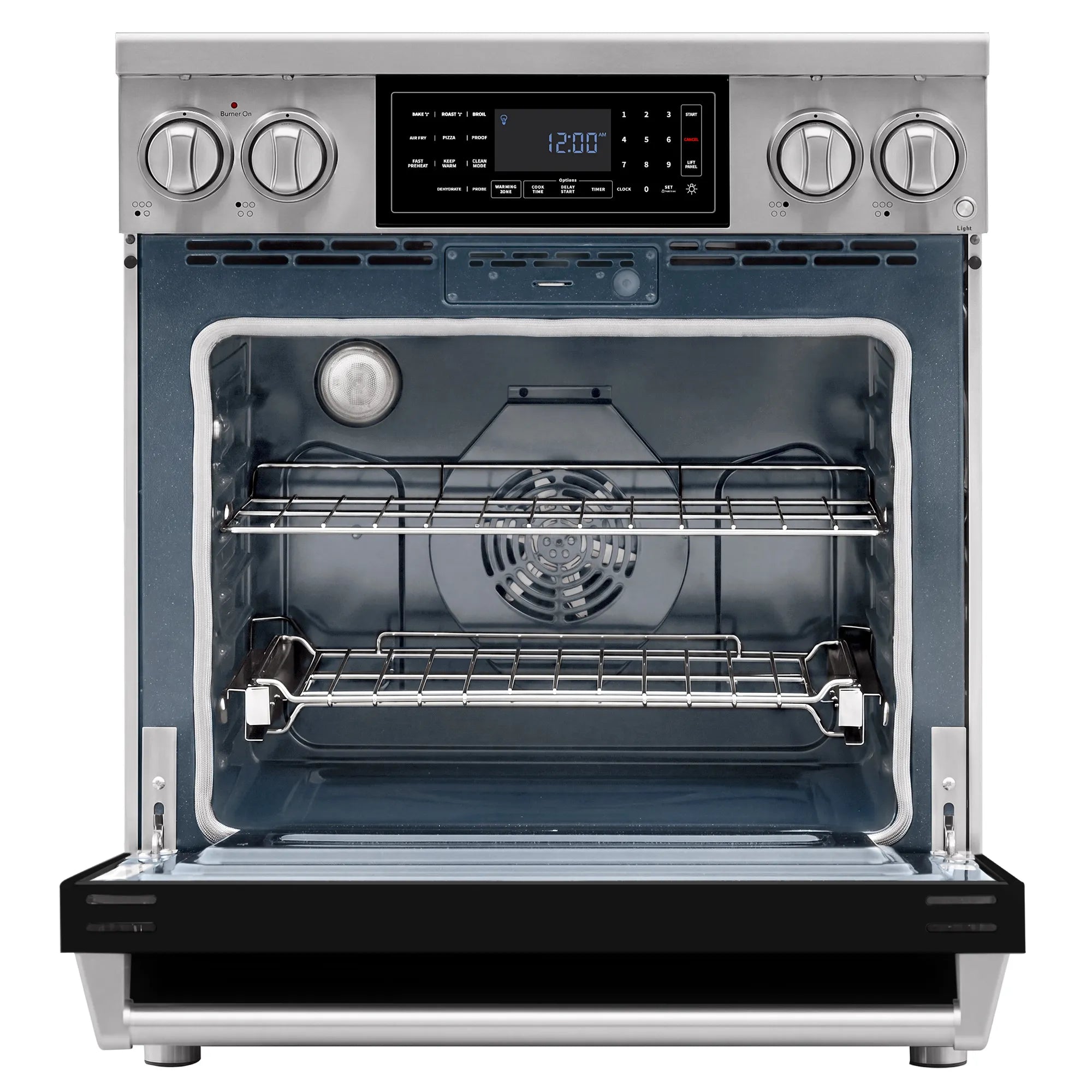 Black electric range oven door open with baking rack and convection fan vent