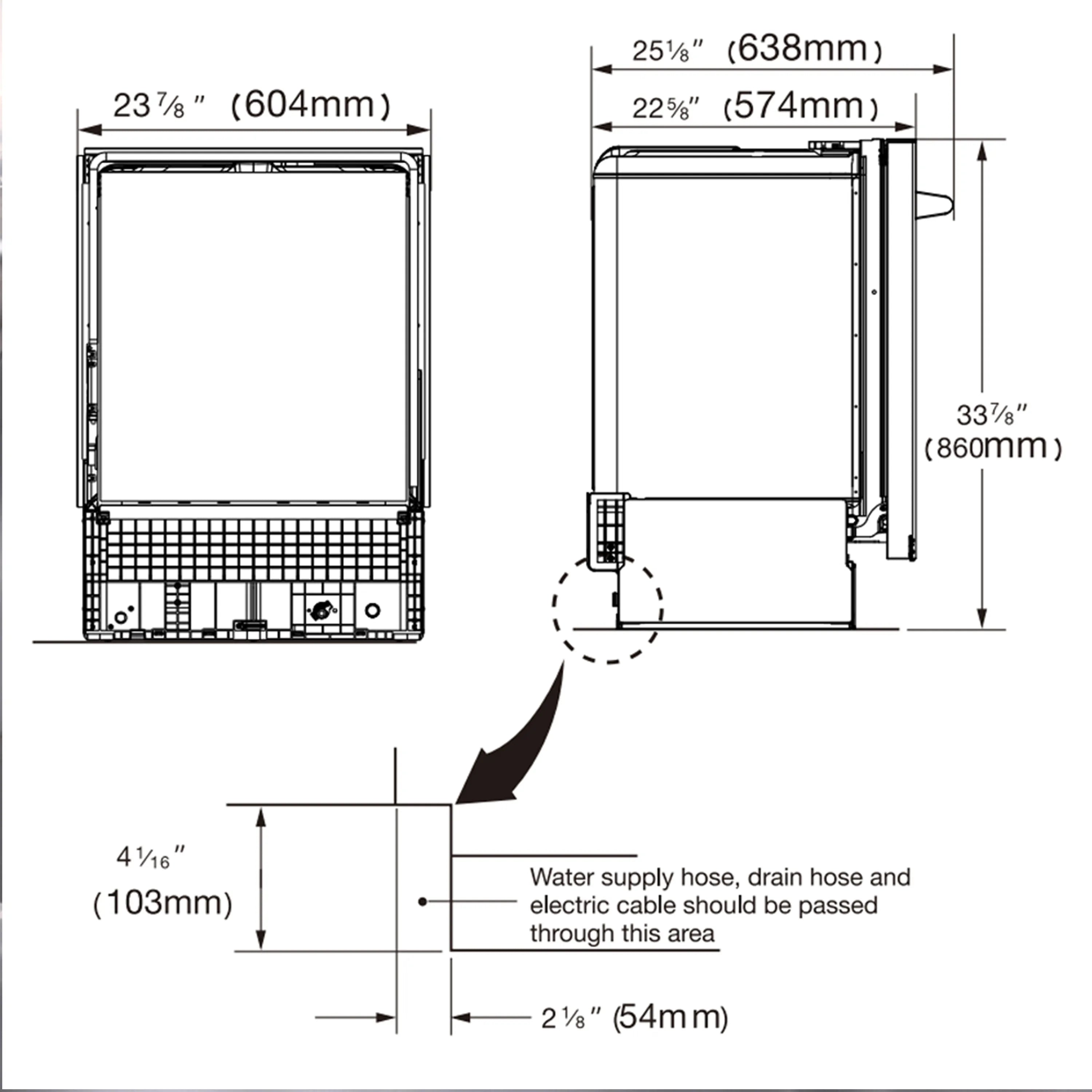 Kostch built-in dishwasher installation dimensions diagram with hose and cable notes