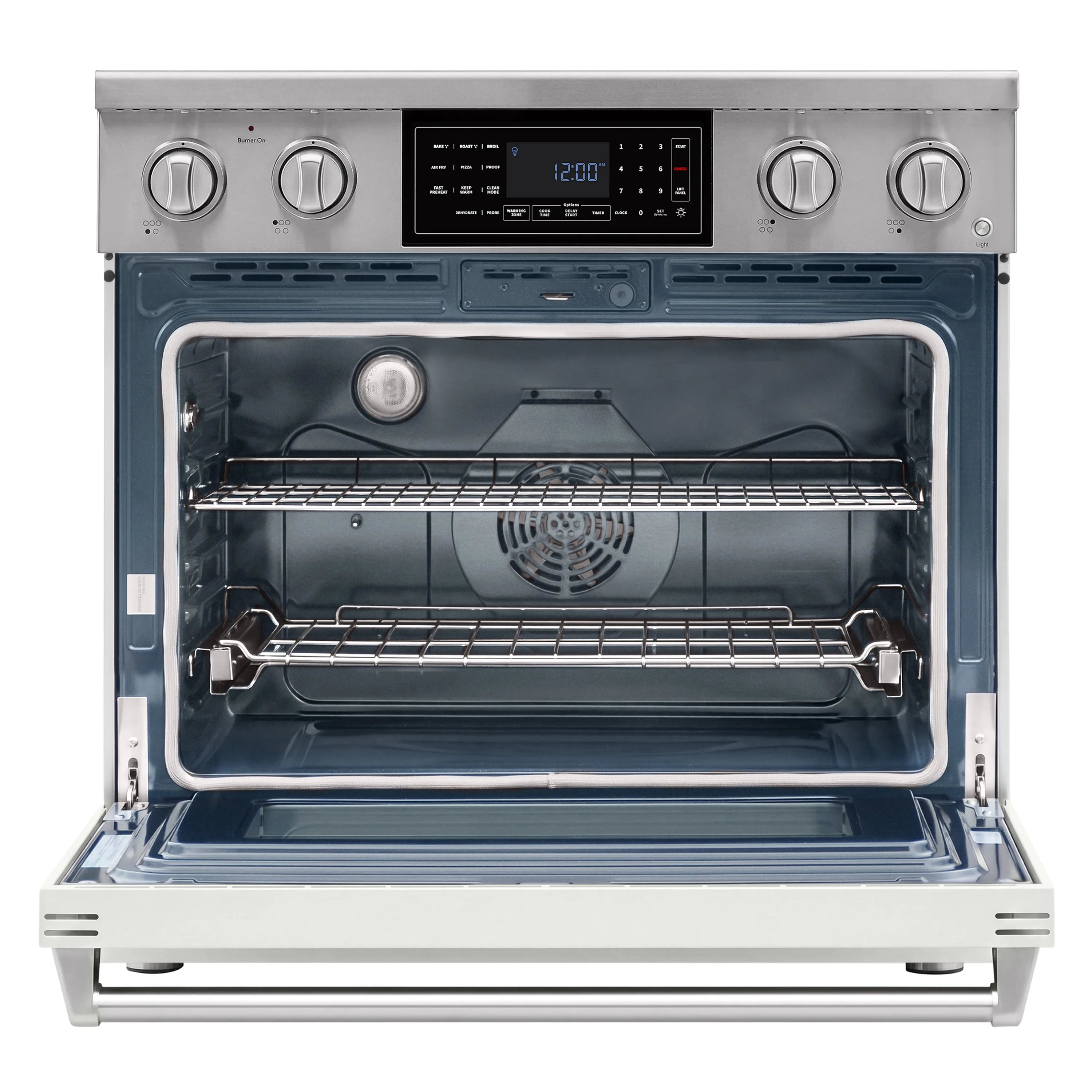 Open oven door with two racks and circular fan in the back
