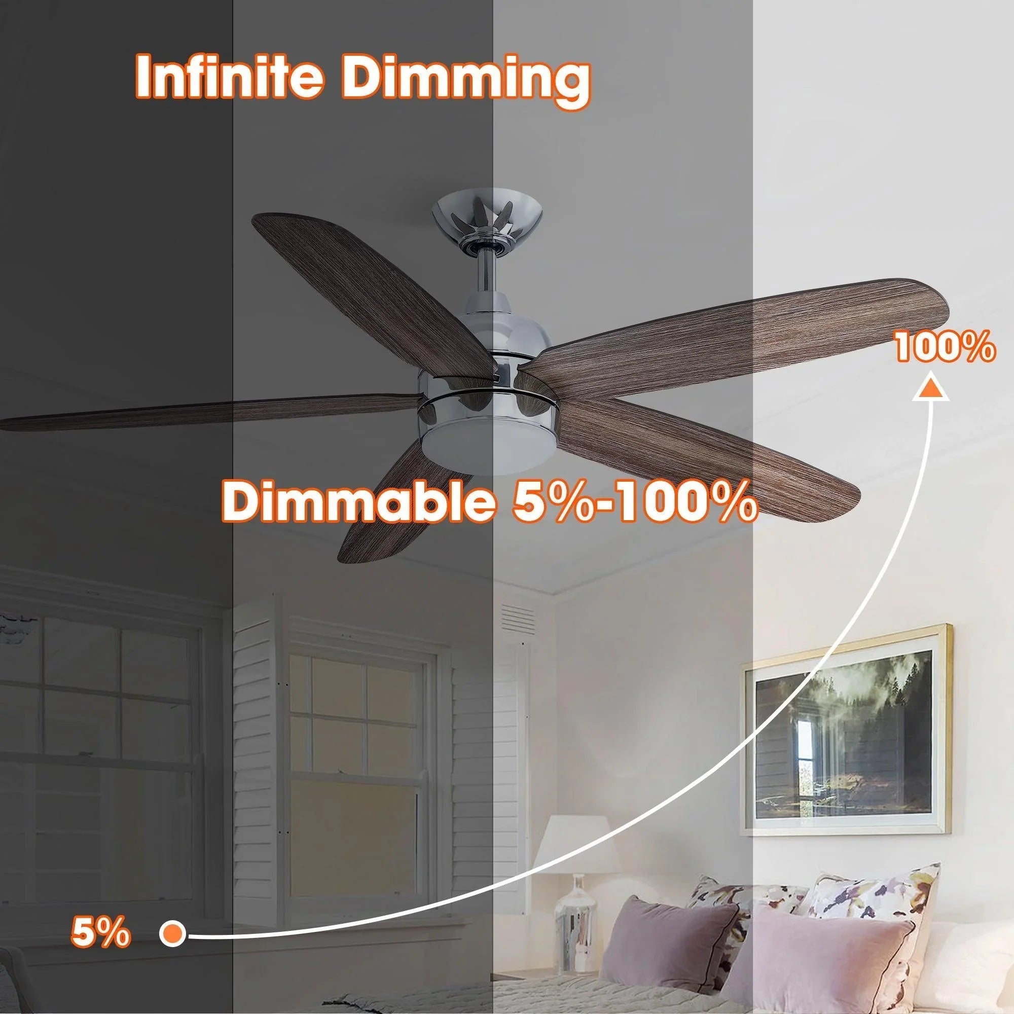 Farmhouse ceiling fan with dark wood reversible blades and chrome motor housing with light
