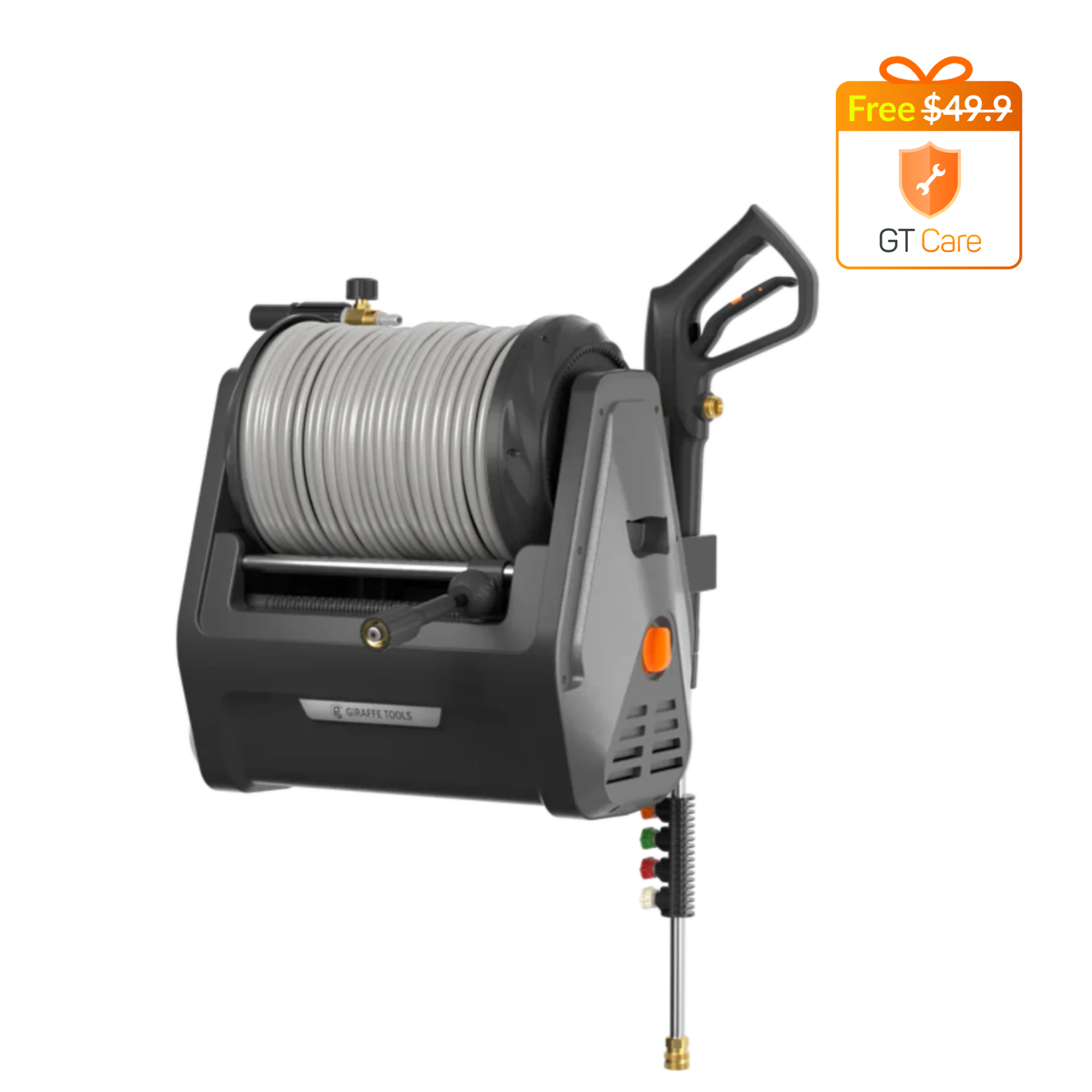 Retractable pressure washer with coiled hose reel, gray frame, and orange control