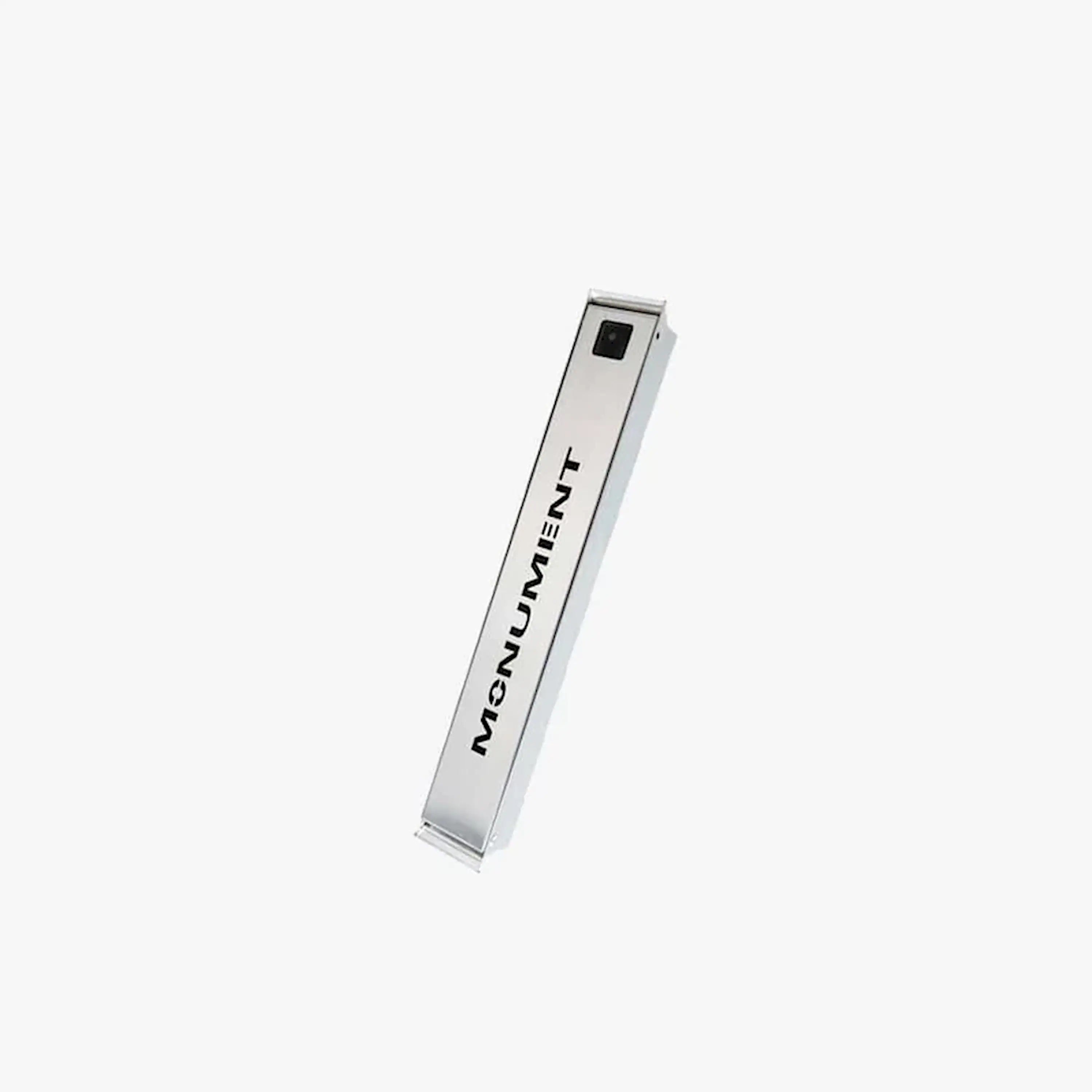 Stainless steel Monument smoker box with “MONUMENT” branding and square side port