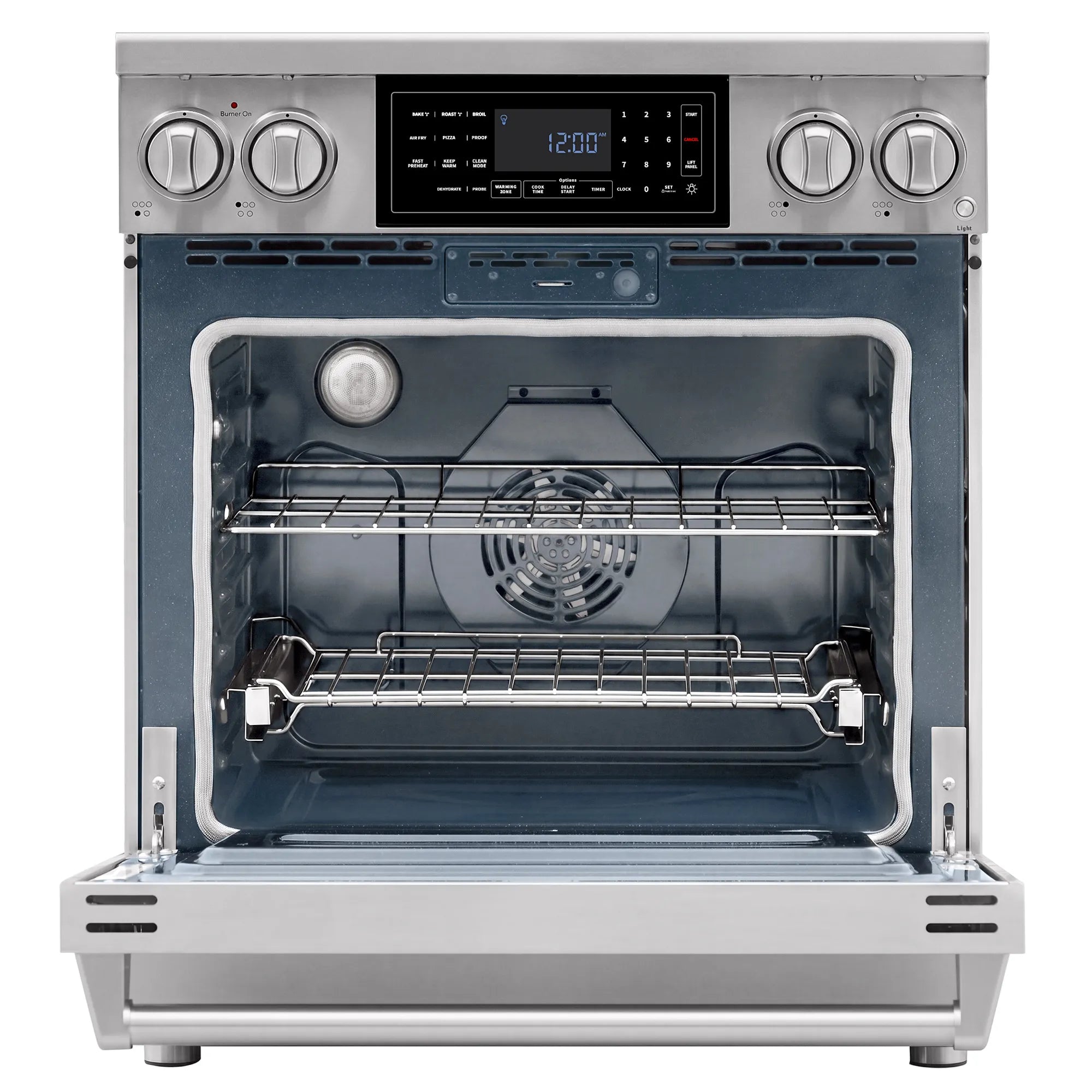 30-inch electric range oven with glass door open and wire racks inside