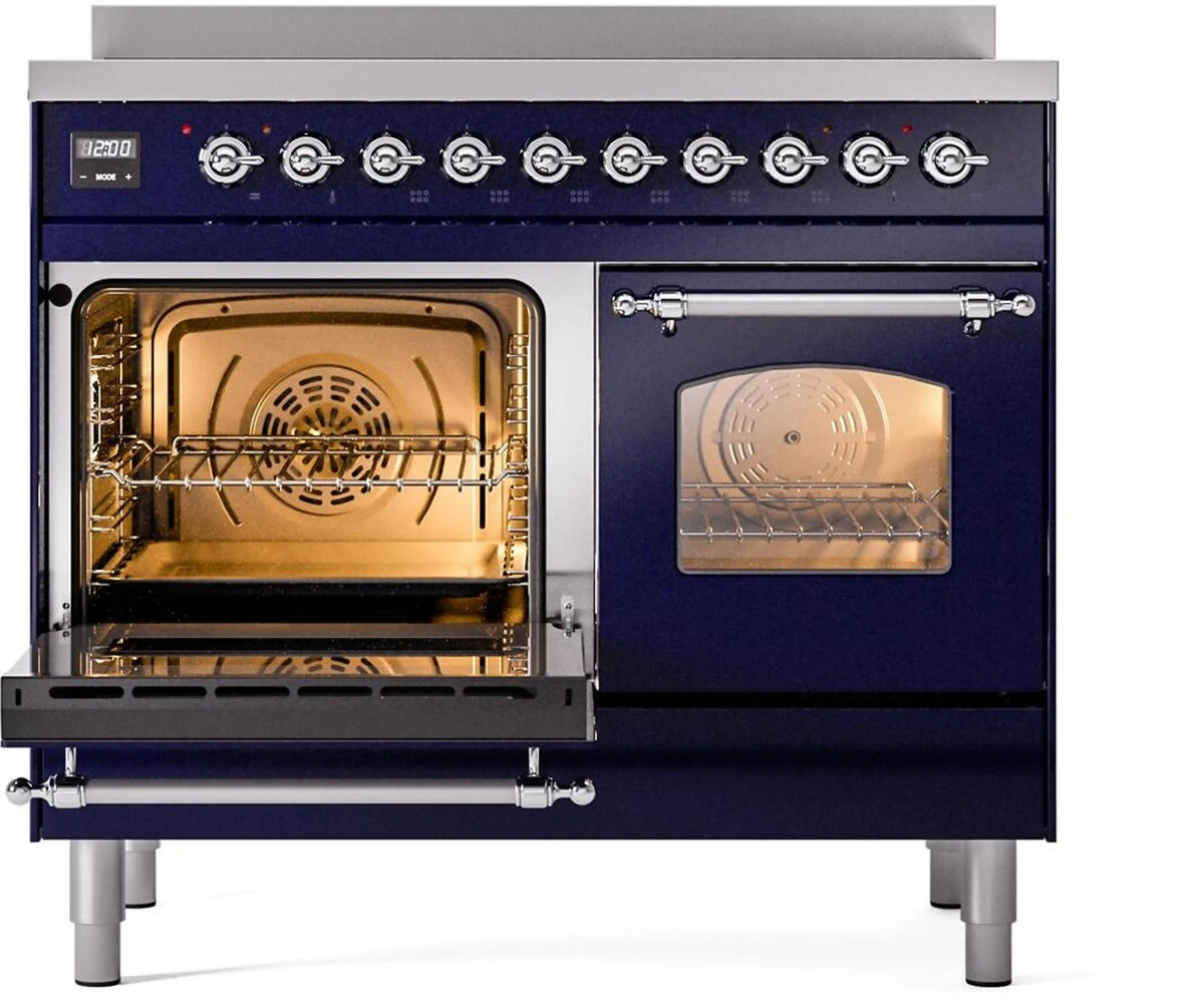 Midnight blue freestanding electric induction range with one oven door open and wire rack