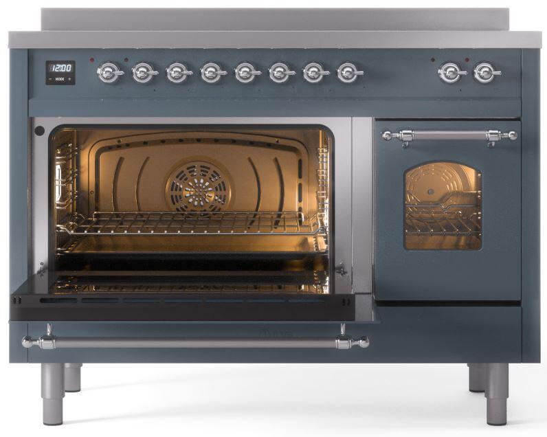 Induction range with large oven door open and side access oven door open