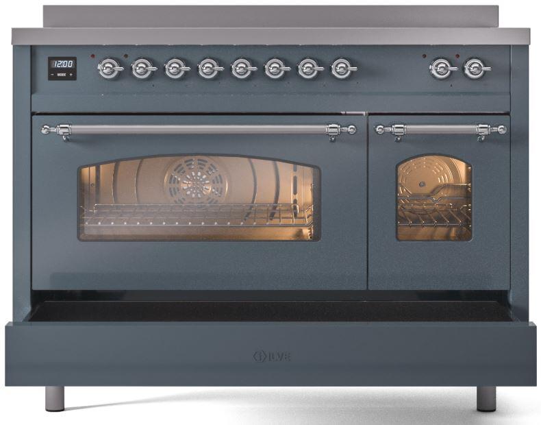 Freestanding electric induction range front with oven glass window and control knobs