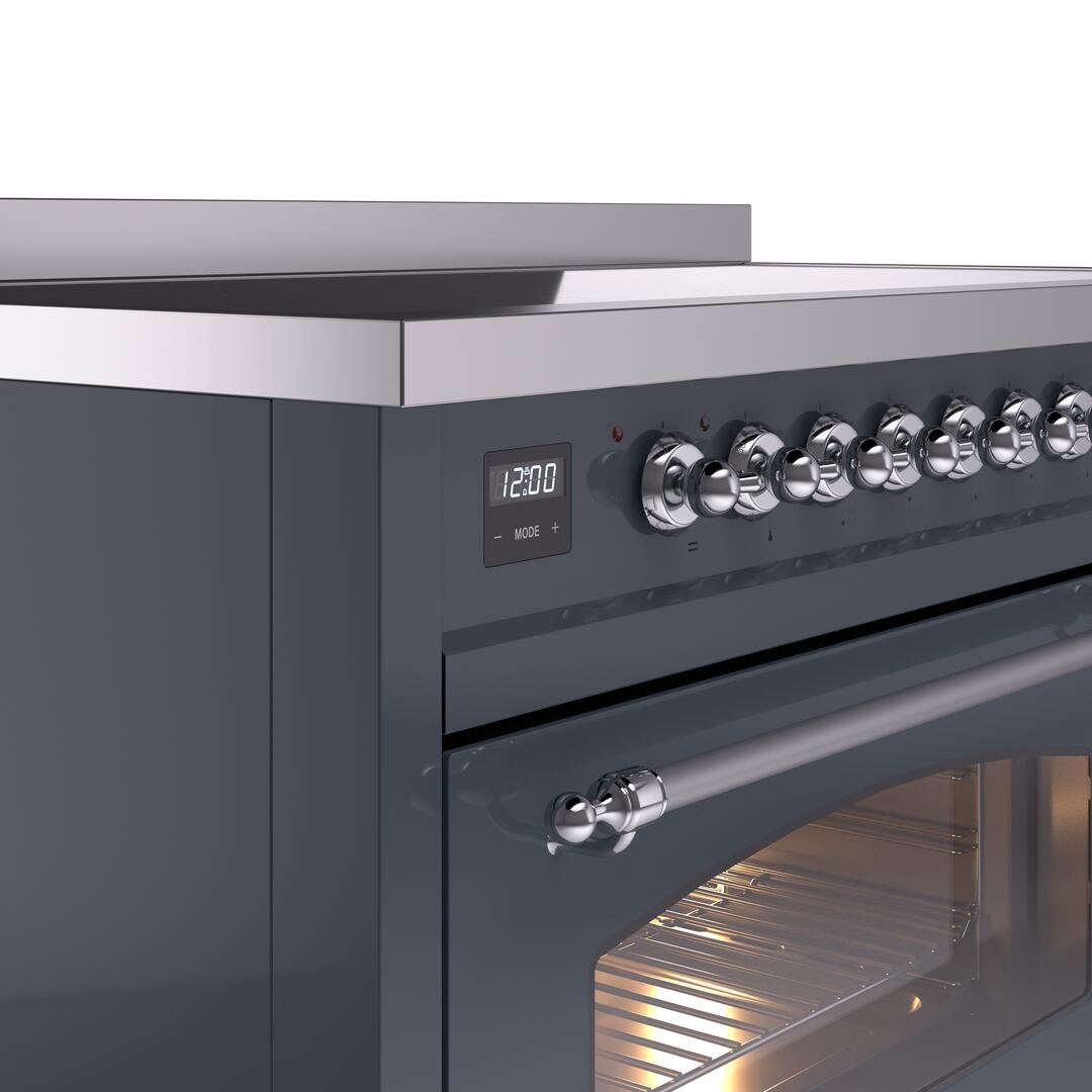Induction range control panel with digital display, knob row, and oven handle