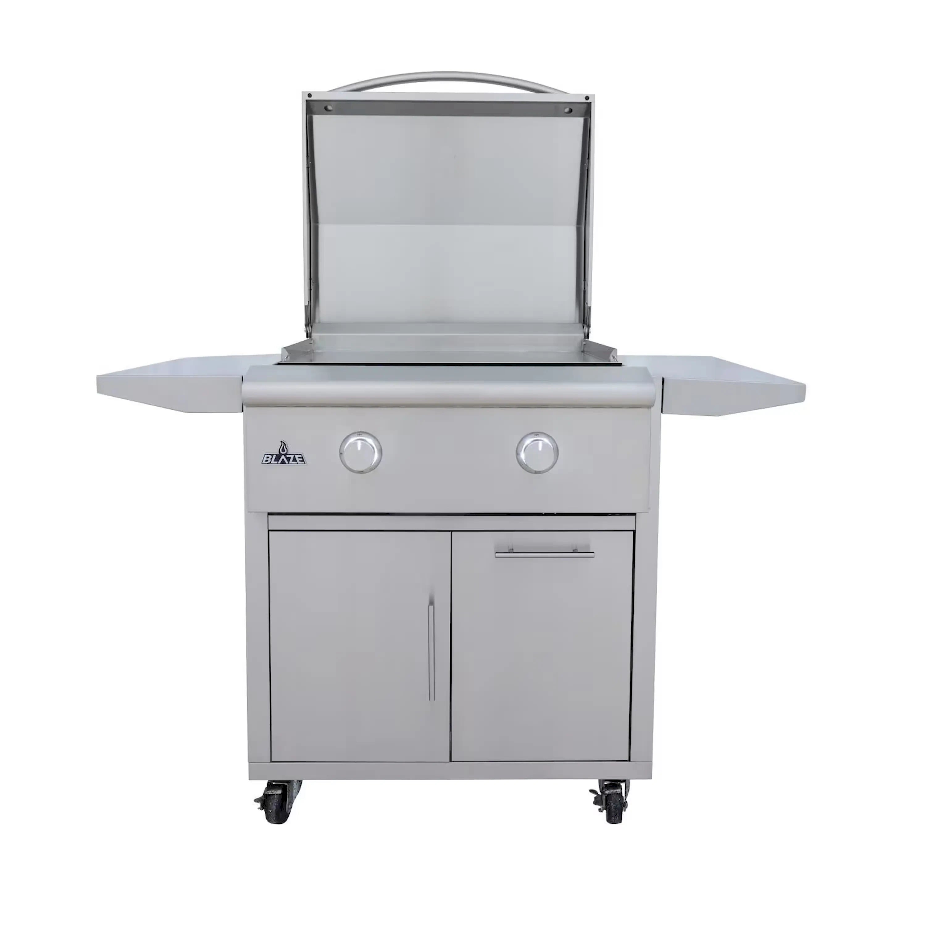 Stainless steel propane griddle with open hood, side shelves, and front doors