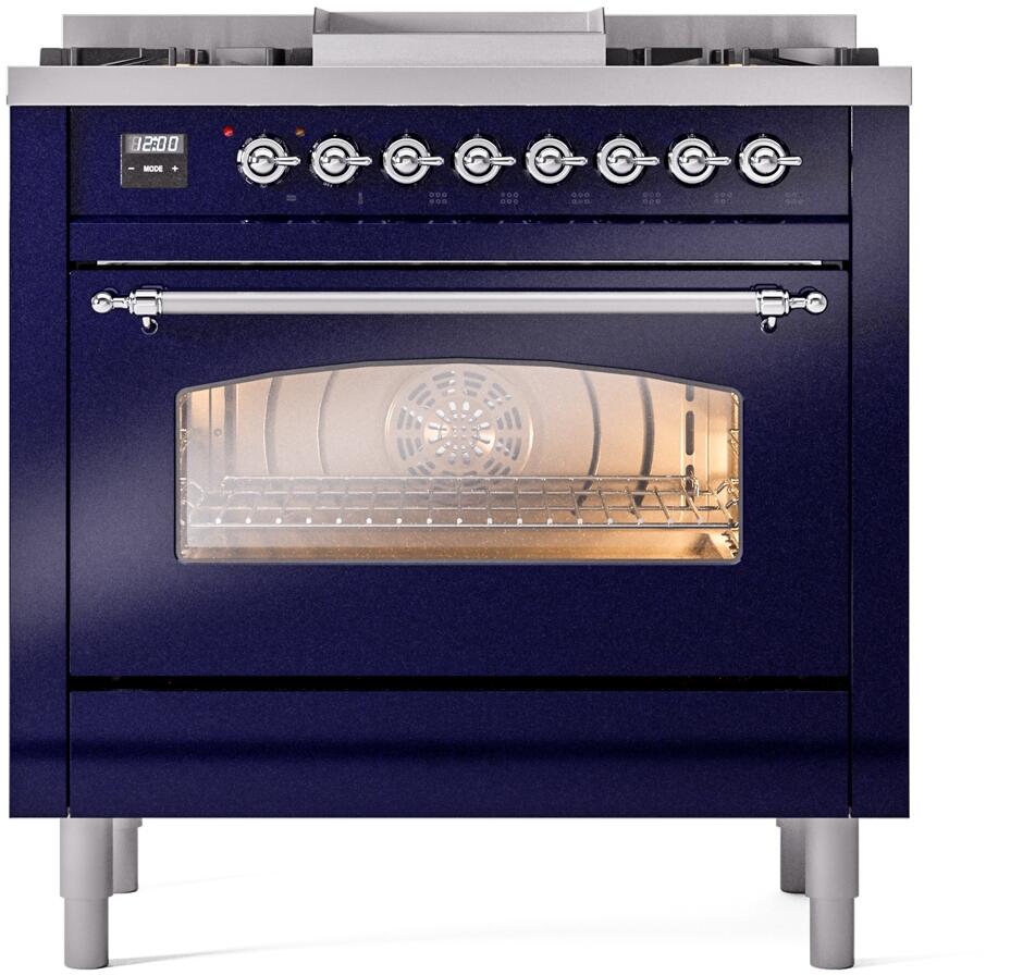 Midnight blue dual fuel freestanding range front with control knobs and oven window