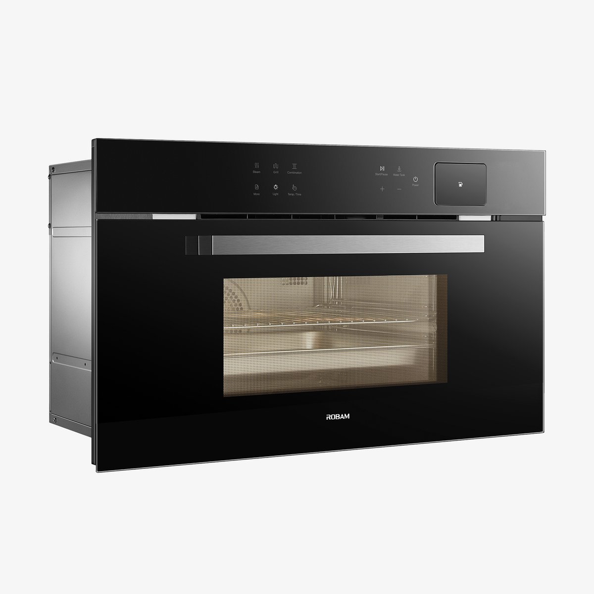Black glass built-in combi steam oven front view with open oven door and rack