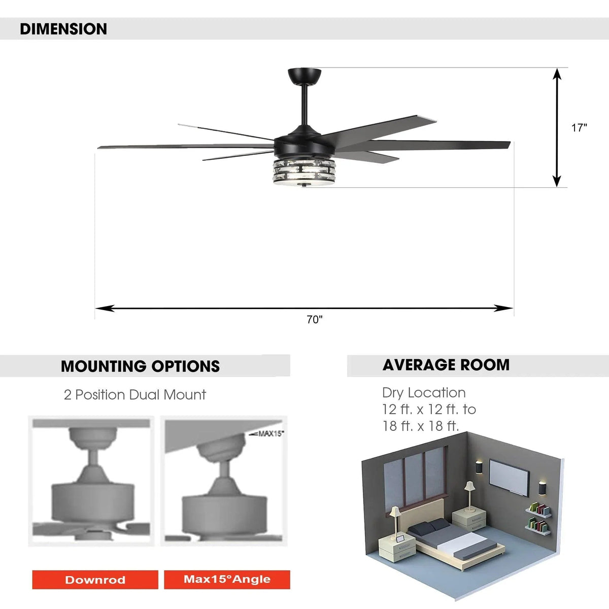 Black 70-inch ceiling fan size diagram with mounting options and room coverage