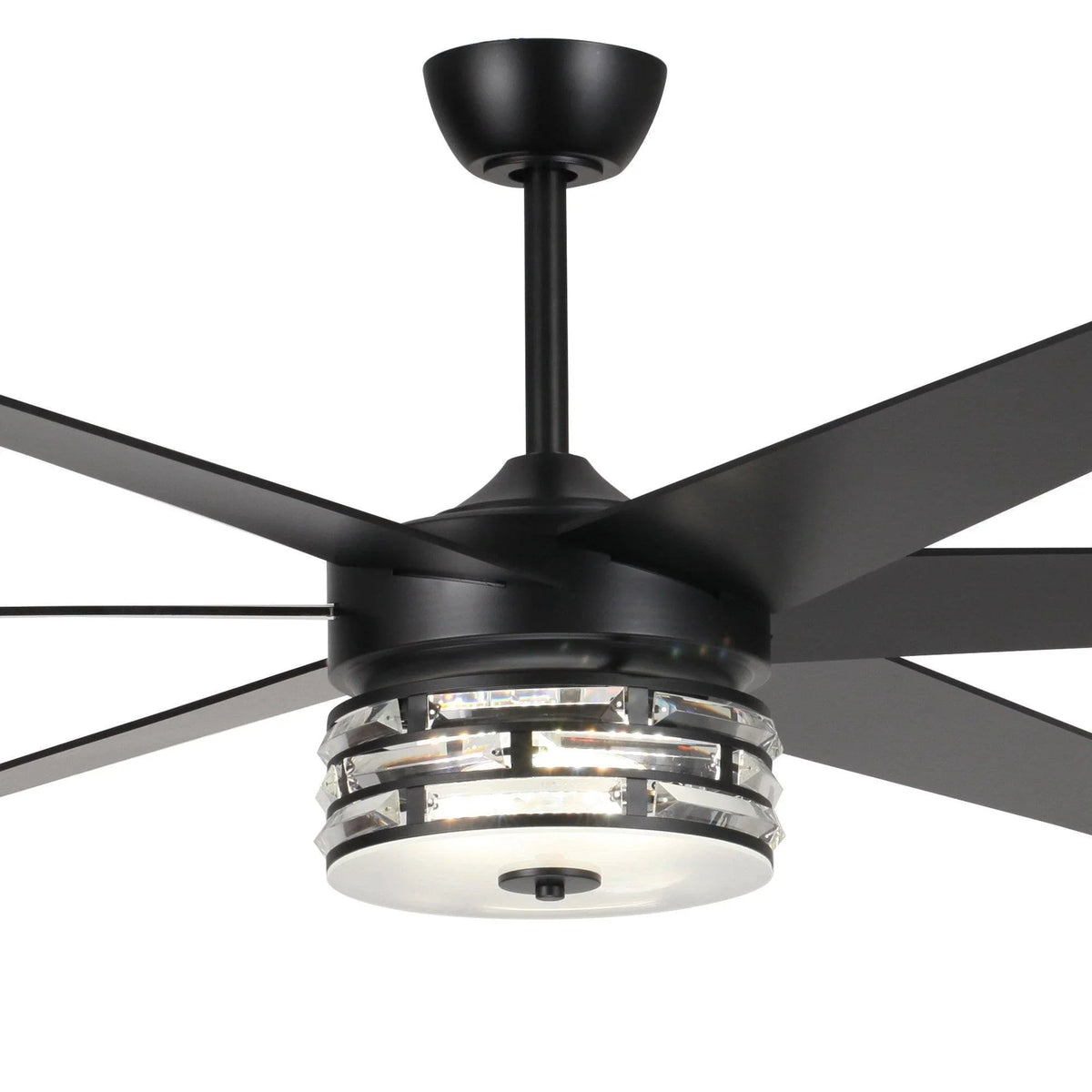 Close view of black ceiling fan motor with clear glass light ring