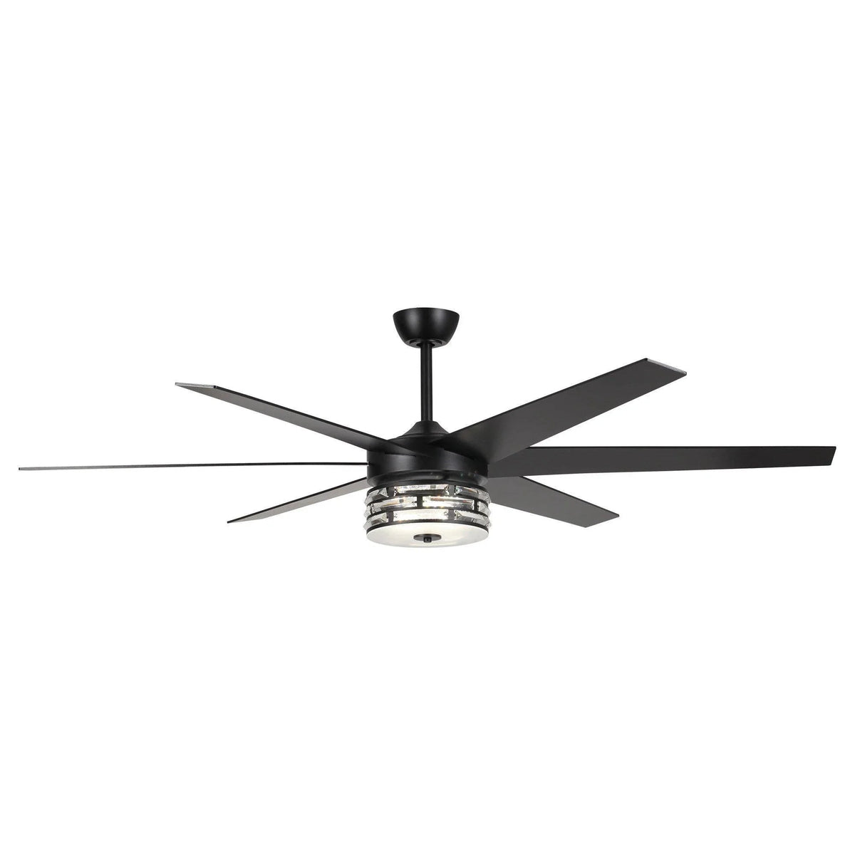 Black modern ceiling fan with five blades and glass-and-metal light kit