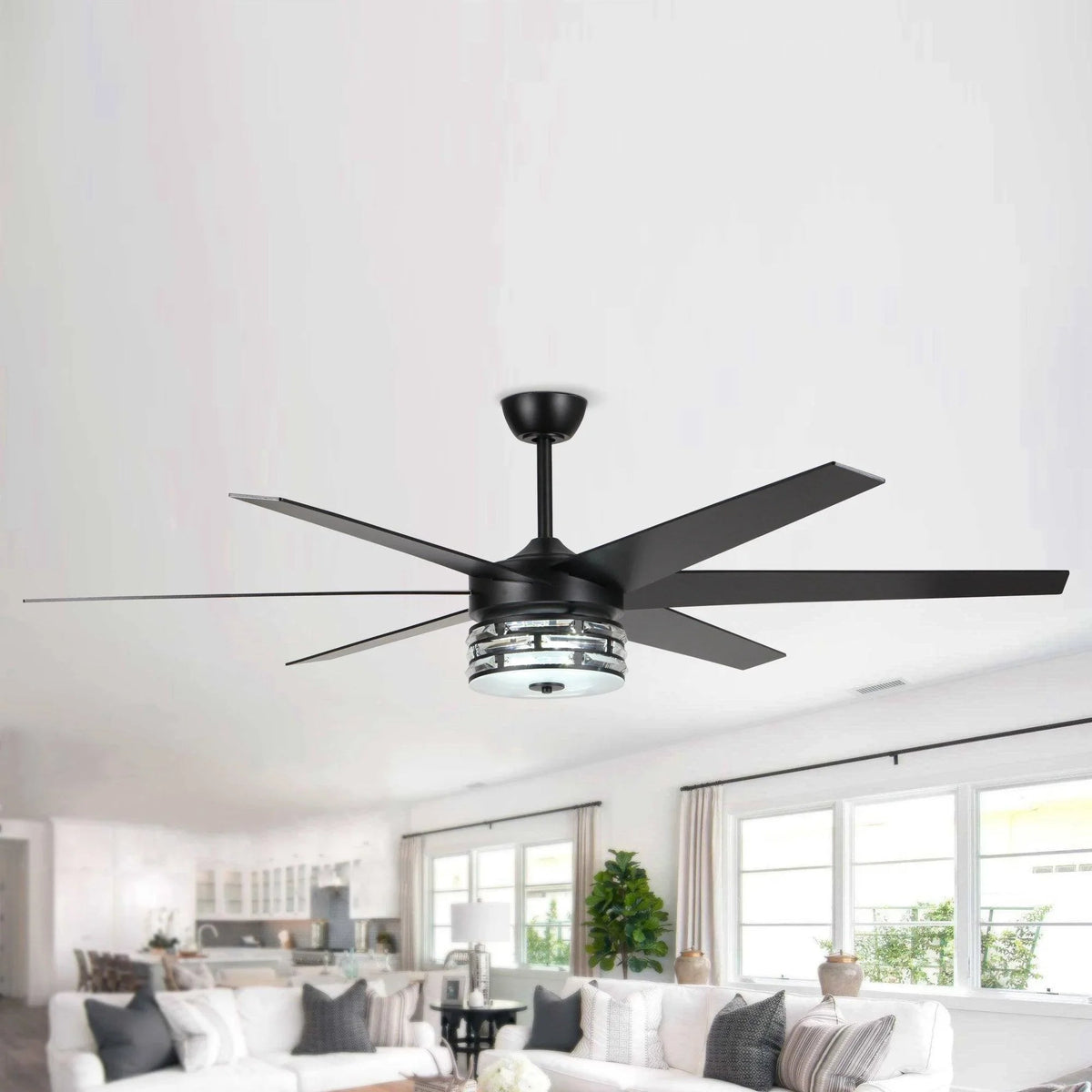 Black DC motor ceiling fan with multi-blade design and integrated light fixture