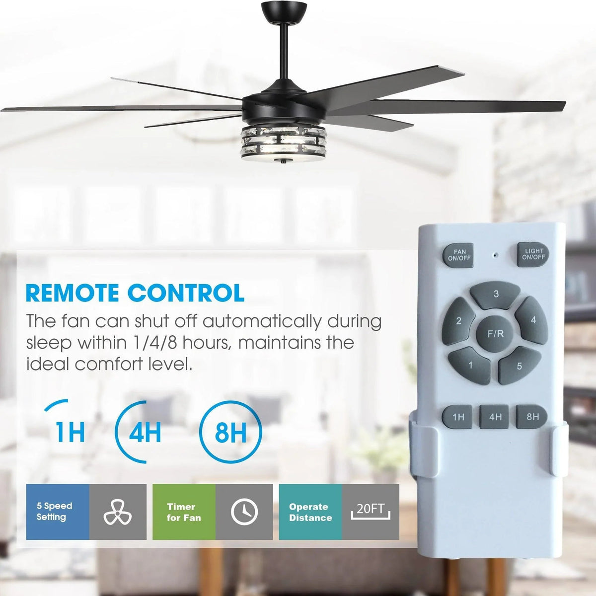 Black ceiling fan with remote control showing fan speed and light settings