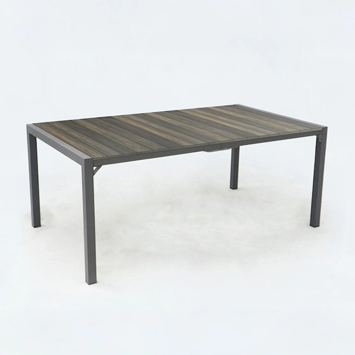 Outdoor patio dining table with dark wood-look top and black metal legs.