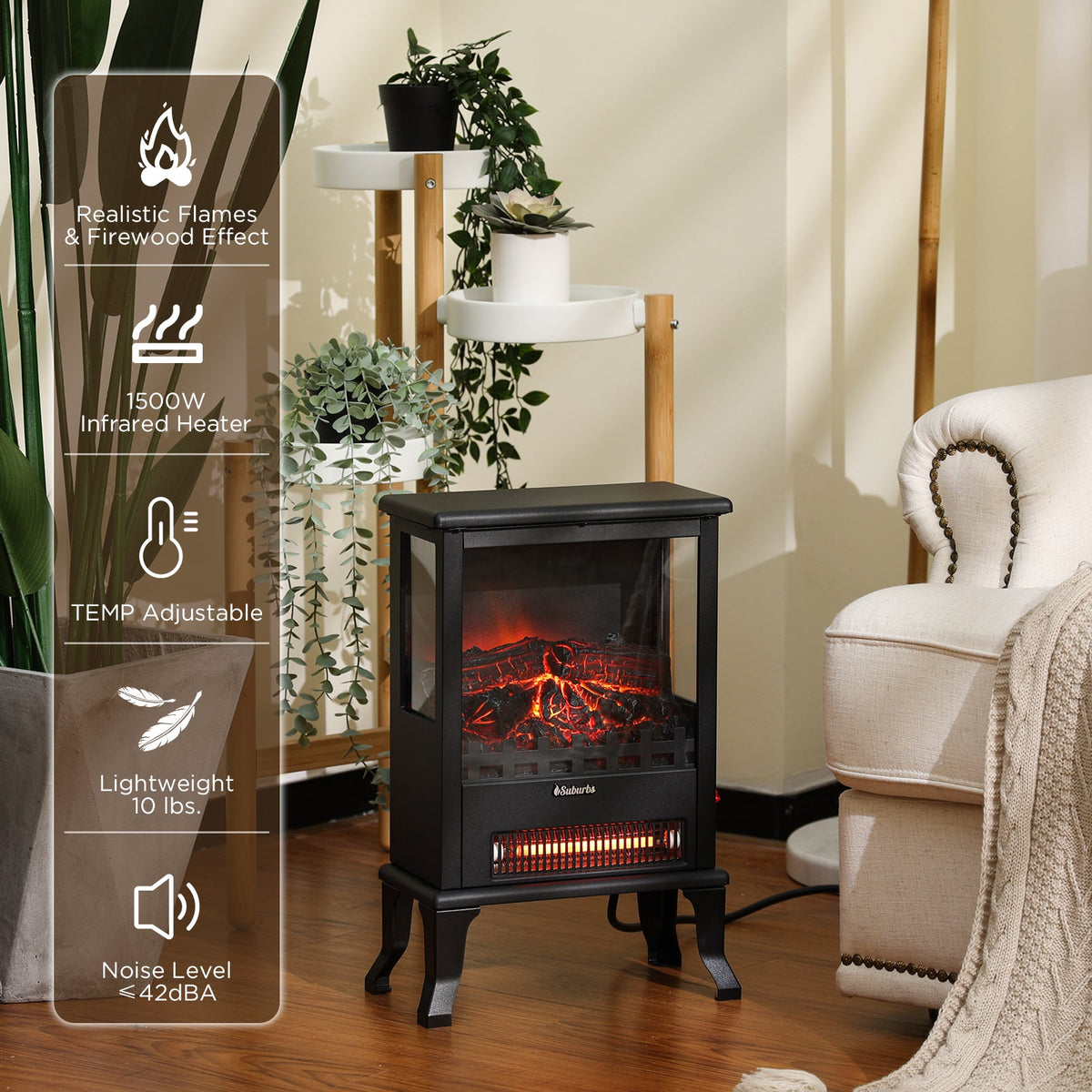 Black electric fireplace stove heater with three-sided window, LED flame effect, and controls
