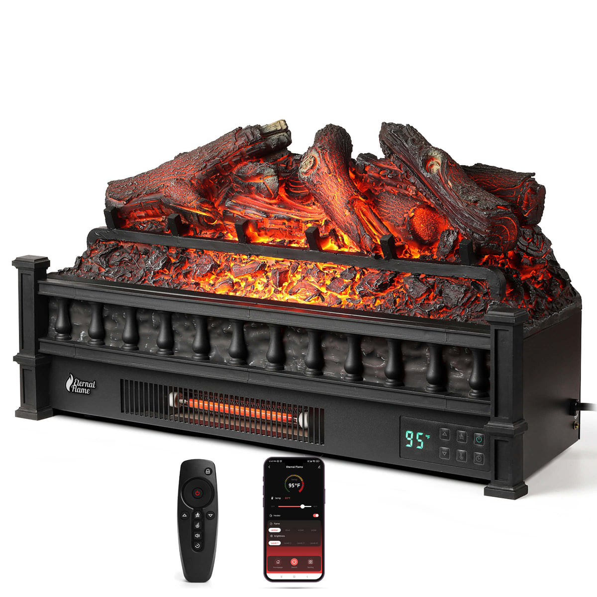 Black electric fireplace with glowing log set, front display, remote and phone app