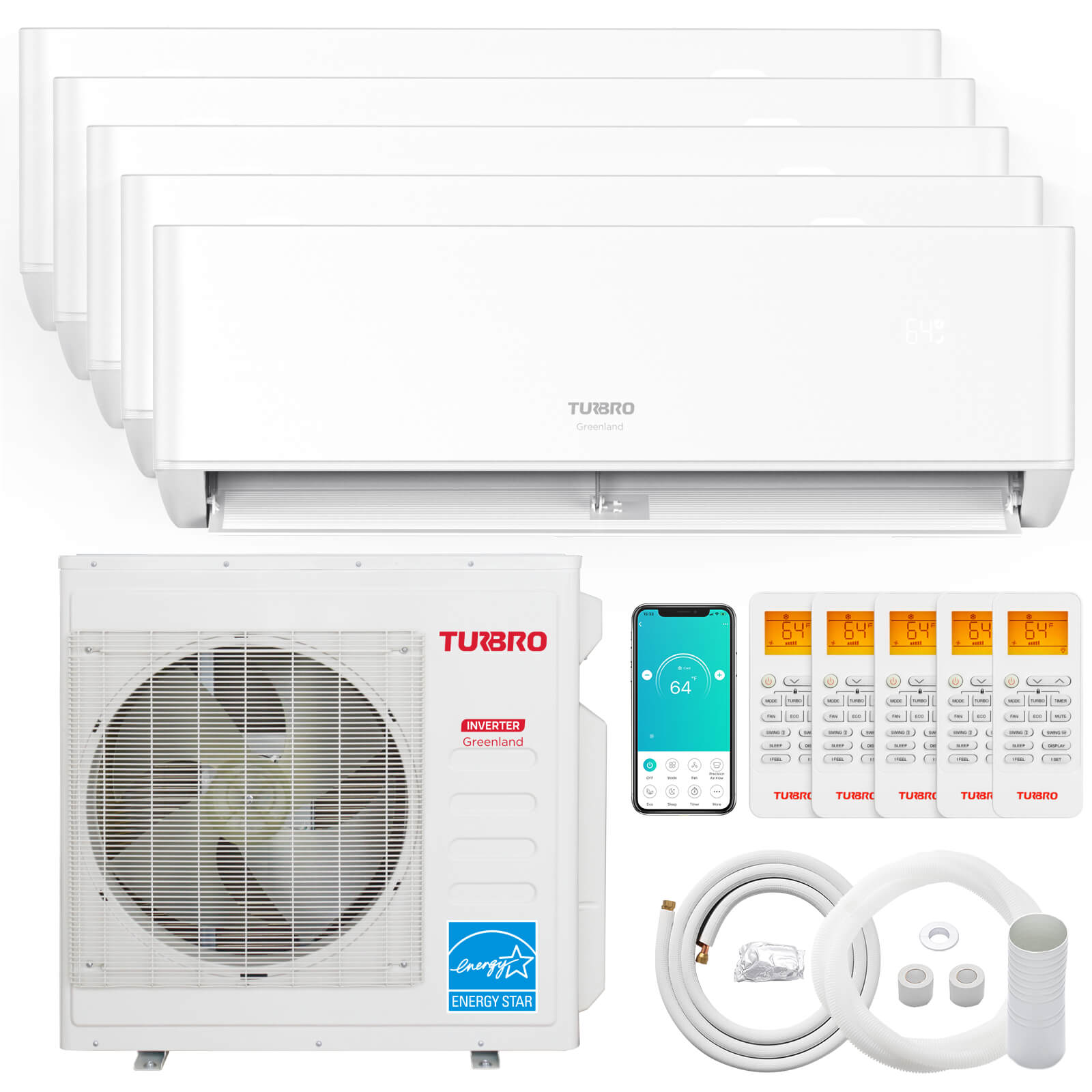 TURBRO wall-mounted mini split AC indoor unit with outdoor unit and accessories