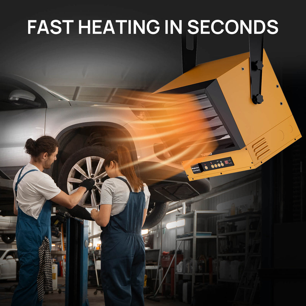 WiFi-enabled garage heater mounted under ceiling, orange unit with black heat front