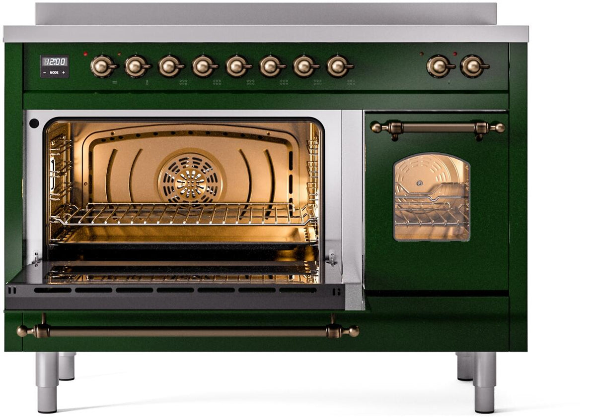 Emerald green induction range with open oven, visible fan, and bronze enamel back