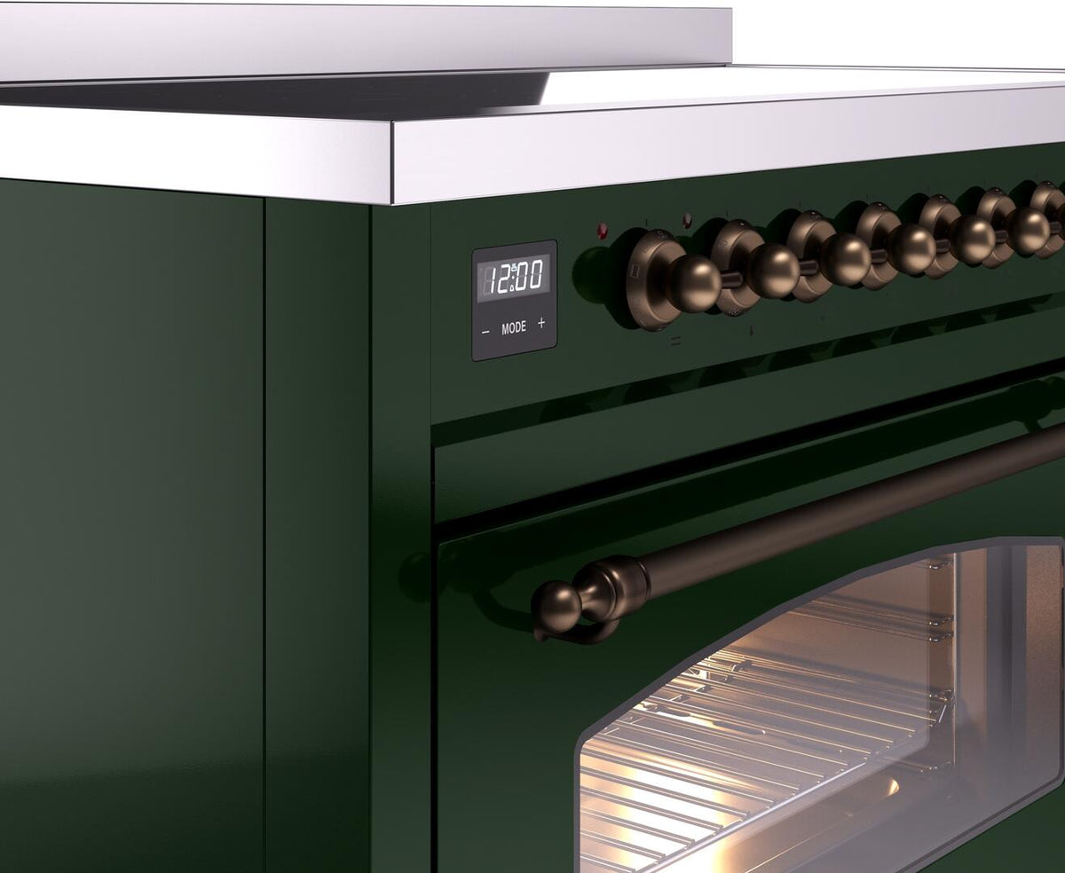 Emerald green induction range control panel with digital display and bronze knobs