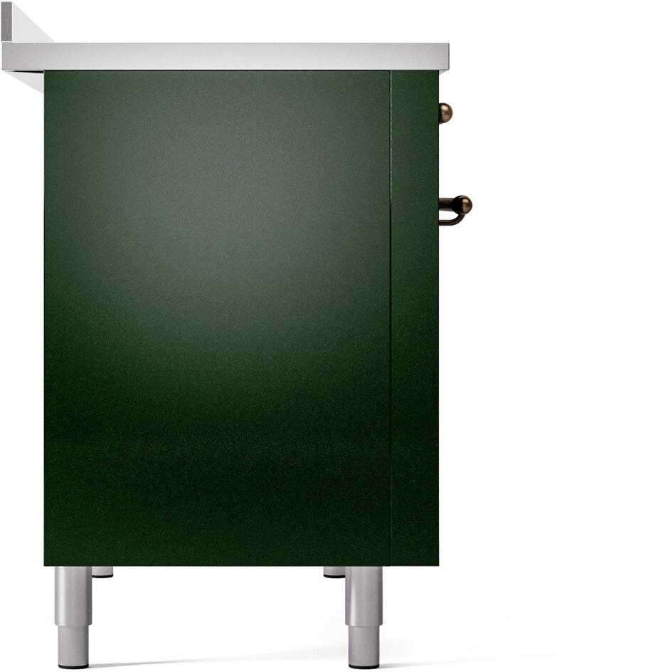 Emerald green induction range side panel with metal legs and bronze handle details