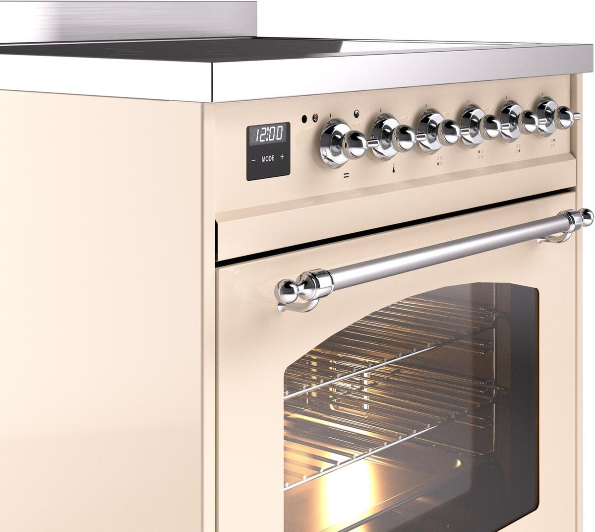 Front control panel with chrome knobs and extended oven handle on antique white range