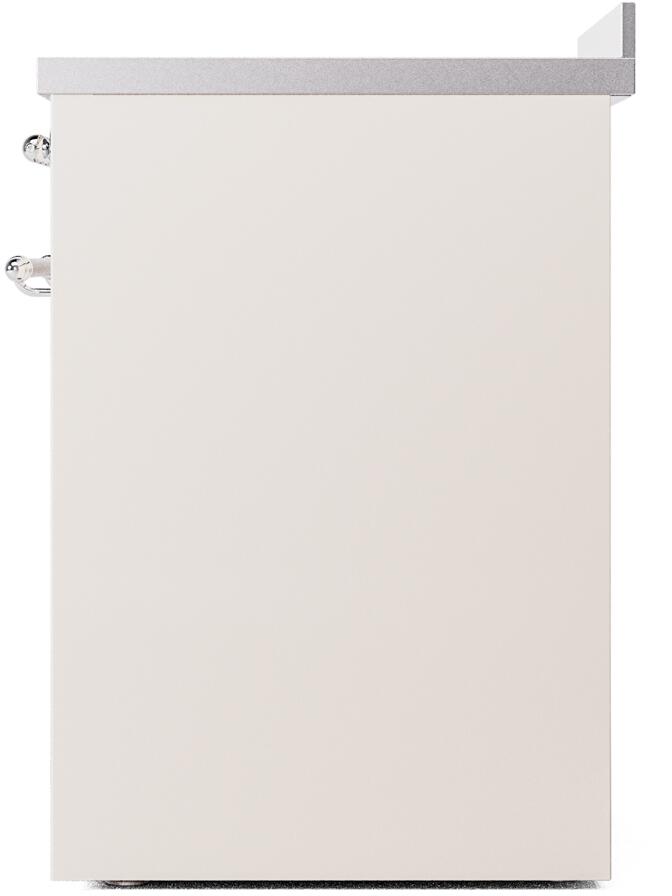 Antique white front/side panel with chrome side handle hardware, freestanding range