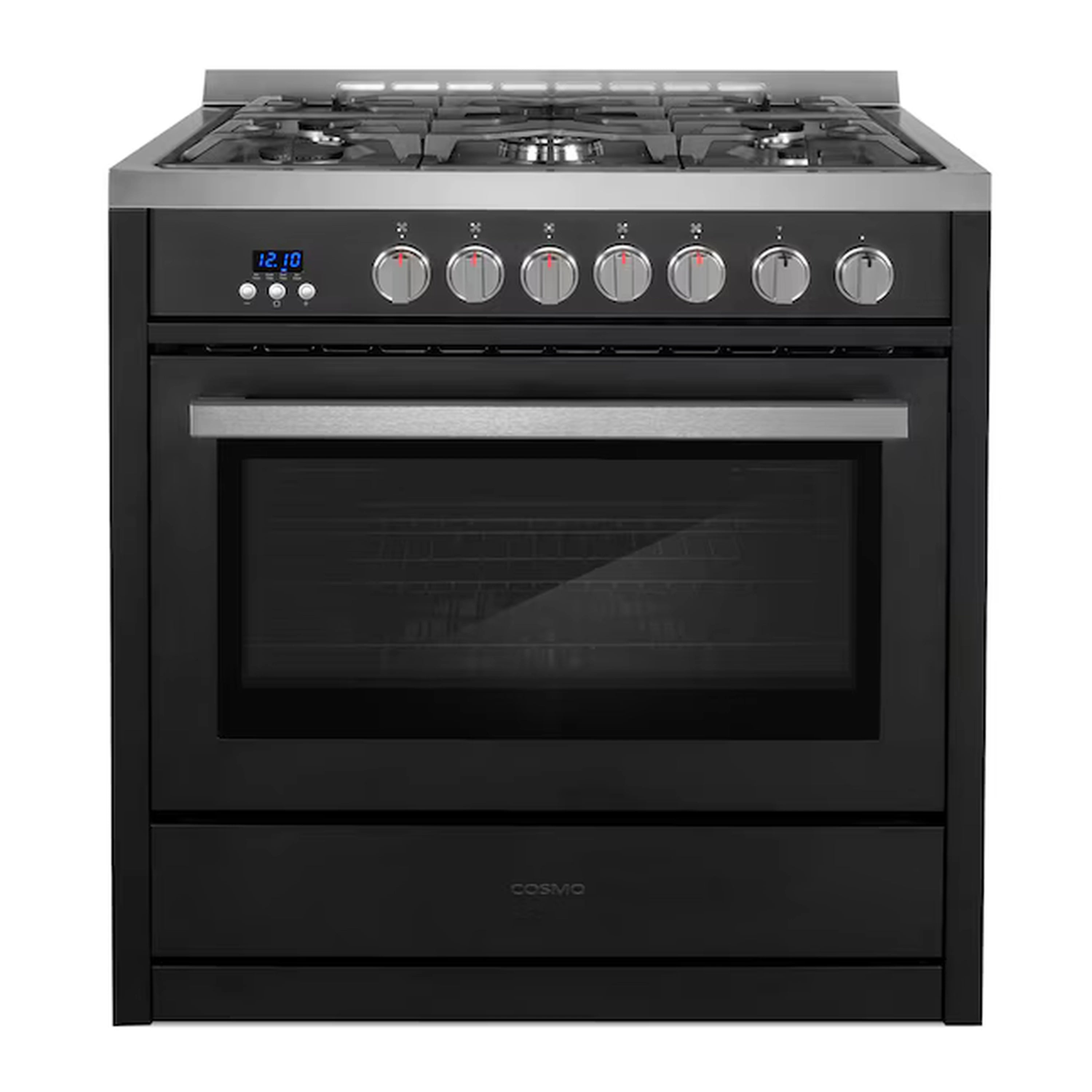 Matte black gas range front with five burner knobs and convection oven window