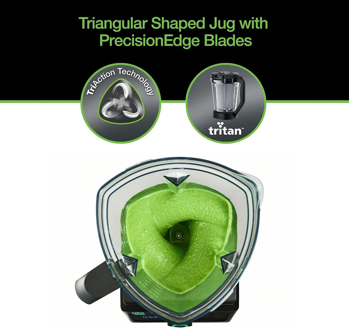 Braun blender jar with green puree and star-shaped blade assembly, close-up