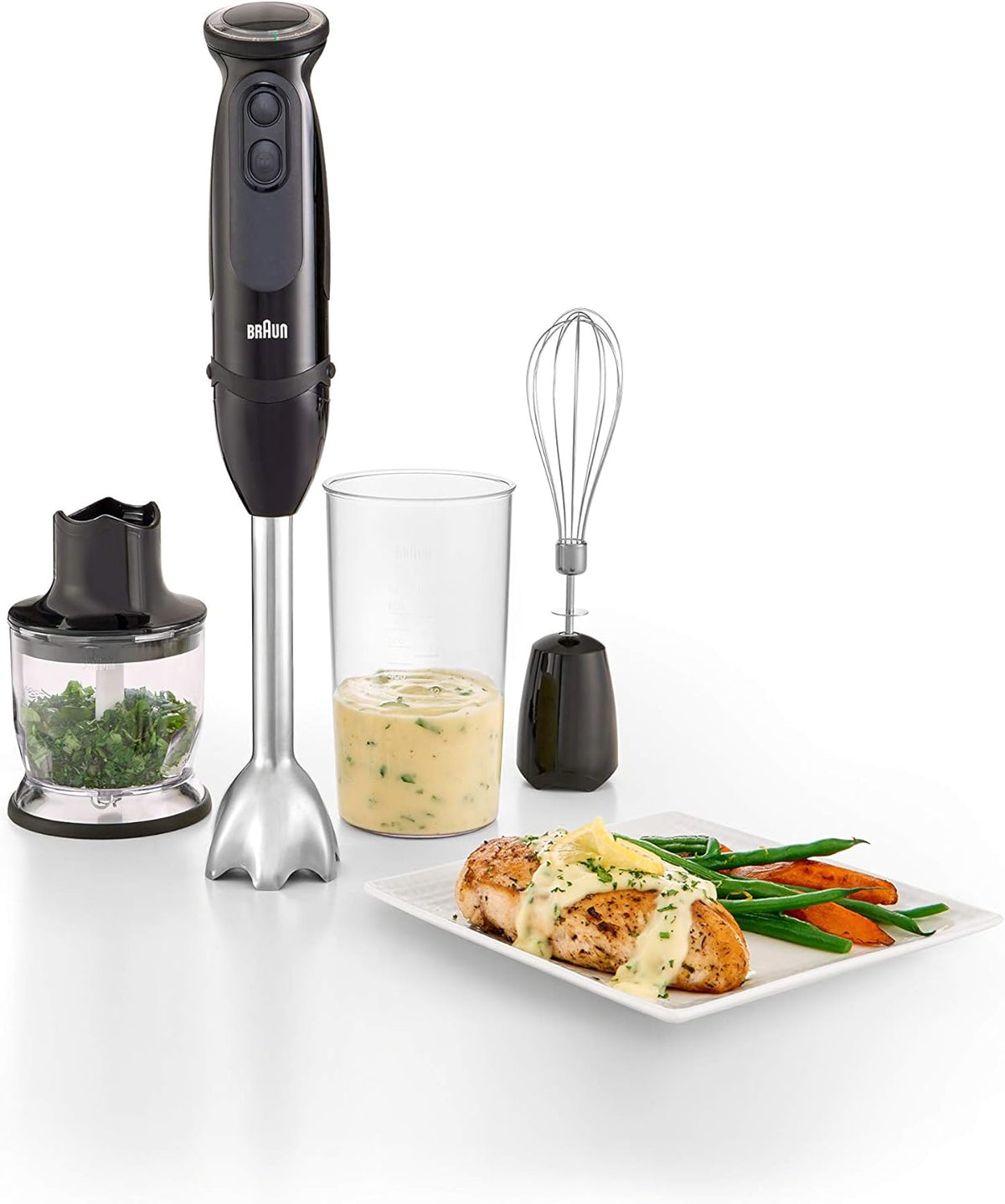 Braun hand blender starter set with whisk, chopper, and clear measuring cup.