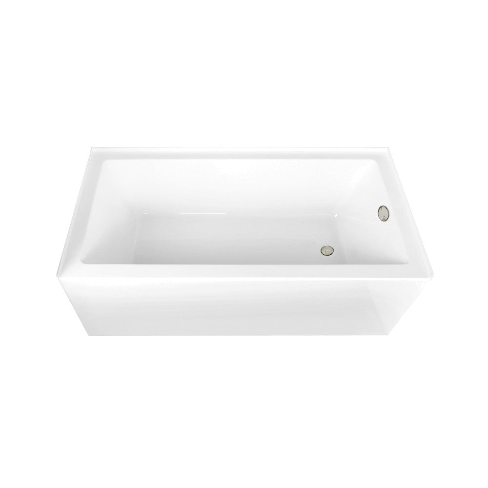 Glossy white acrylic rectangular alcove tub with right-side drain and overflow
