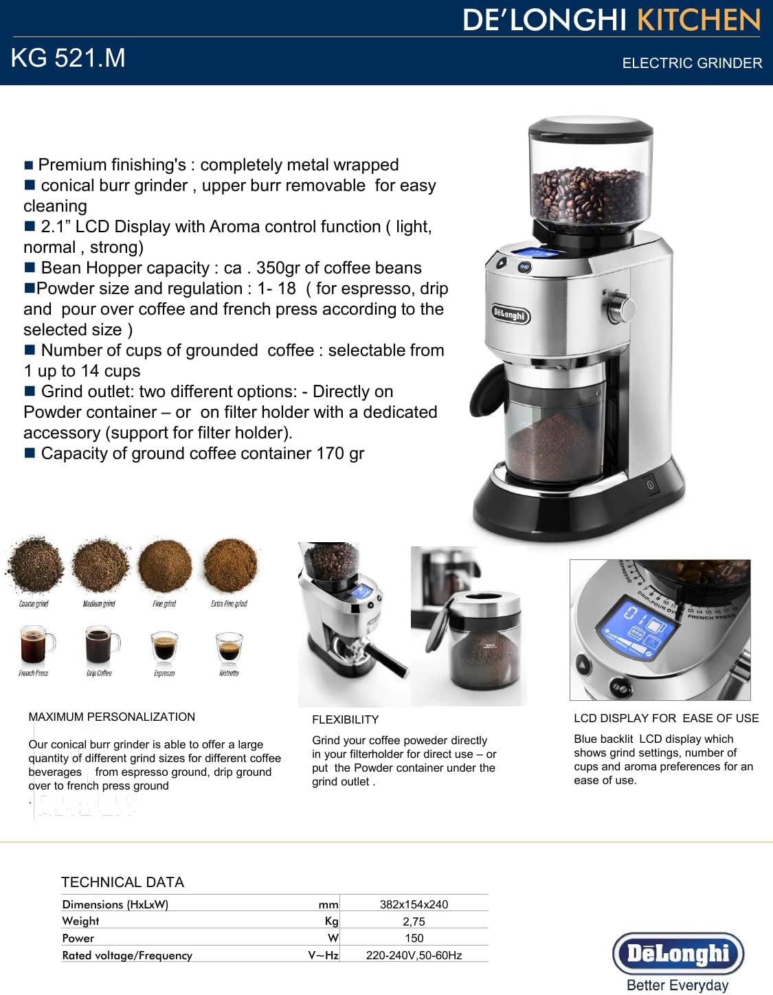 De'Longhi Dedica electric coffee grinder with clear bean hopper and side control knob