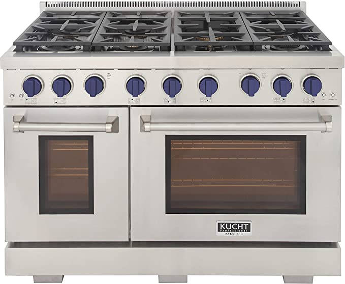 Stainless steel propane gas range with blue control knobs and black cooktop grates