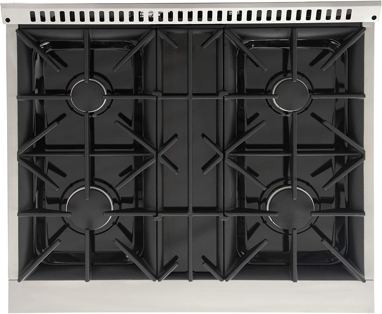 Black gas cooktop with four burner grates and centered control area