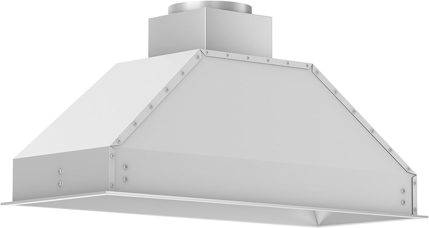 Stainless steel range hood insert with angled canopy and duct outlet