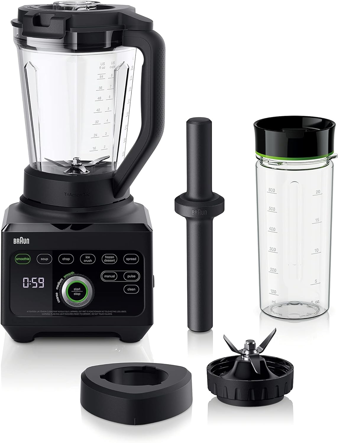 Braun power blender with accessories: tamper and extra container parts, on white