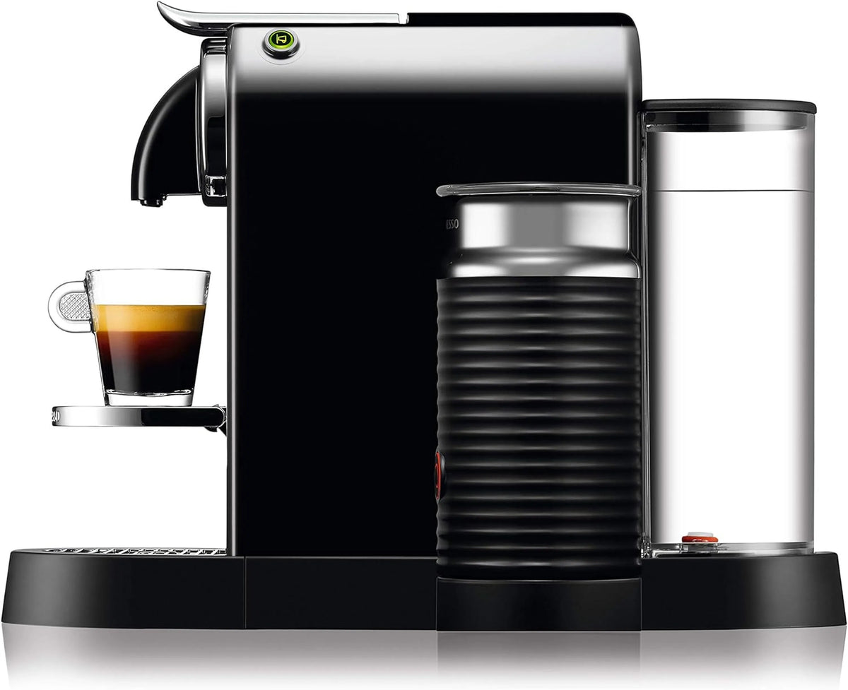 Black Nespresso Citiz espresso machine with frothing container, drip tray, and cup