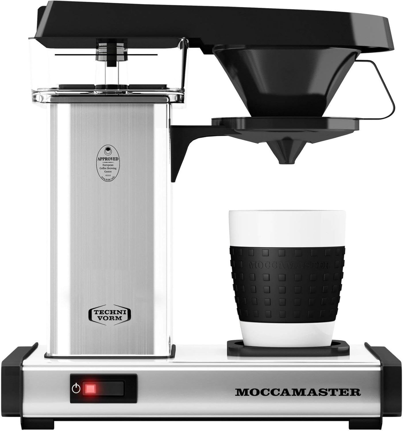 Single-cup coffee maker with black funnel, polished silver body, black cup rest